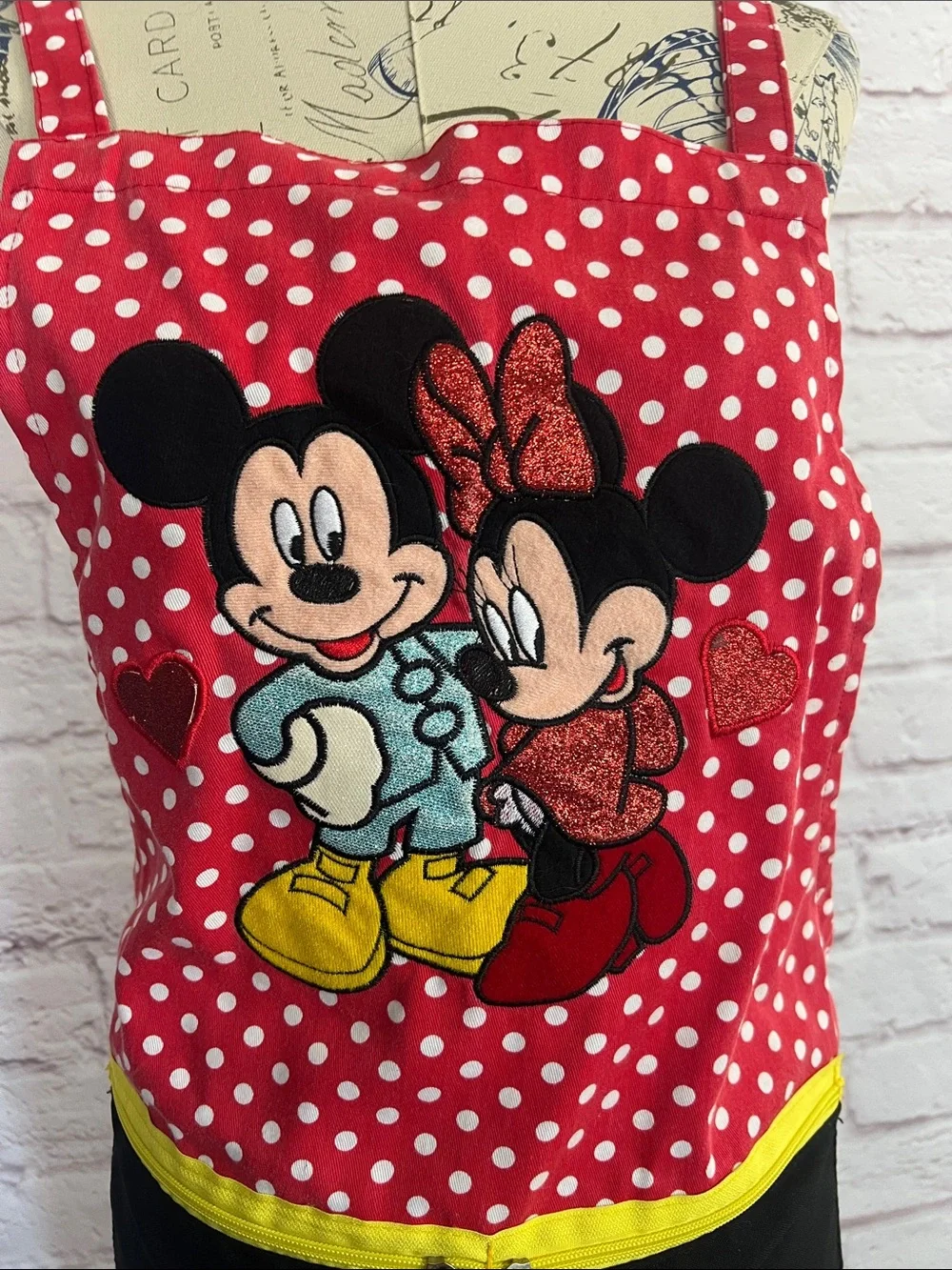 Handmade Red Polka Dot Mickey & Minnie Apron with Black 'Love' Pocket